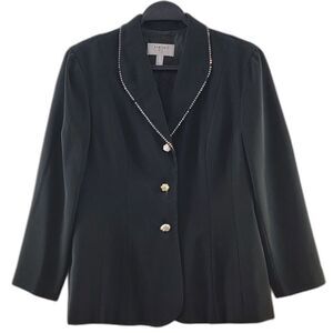Vtg Linea F Fink Black Blazer Trim 3 Button Collared Rhinestone Lapel 6 - Flawed